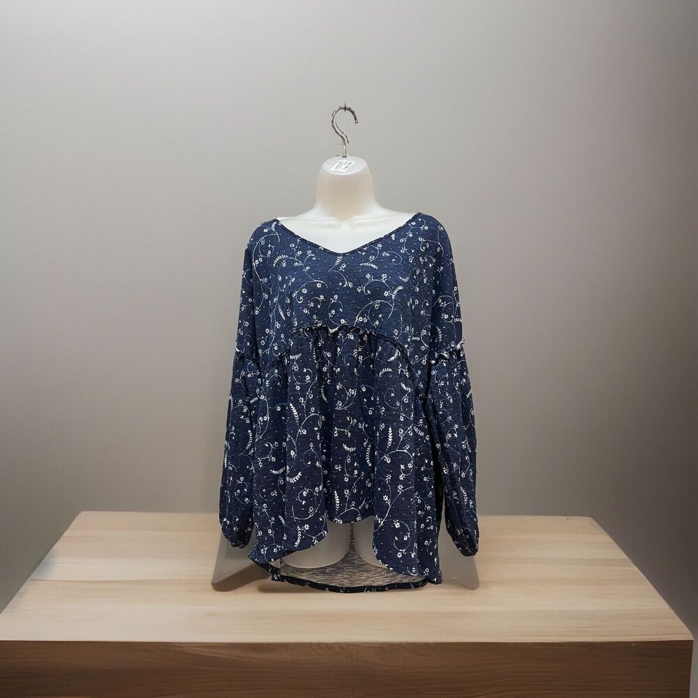 Wonderly XLarge Top Boho Peasant Elastic Sleeve Blue NWT